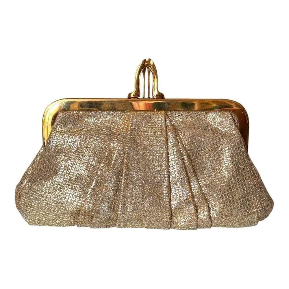 Christian Louboutin Gold Metallic Pleated Clutch Bag Sunburst Crown Frame Luxury